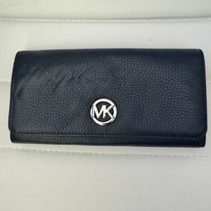 Michael Koss  Foldover Leather Wallet - Navy Blue with Silver Hardware